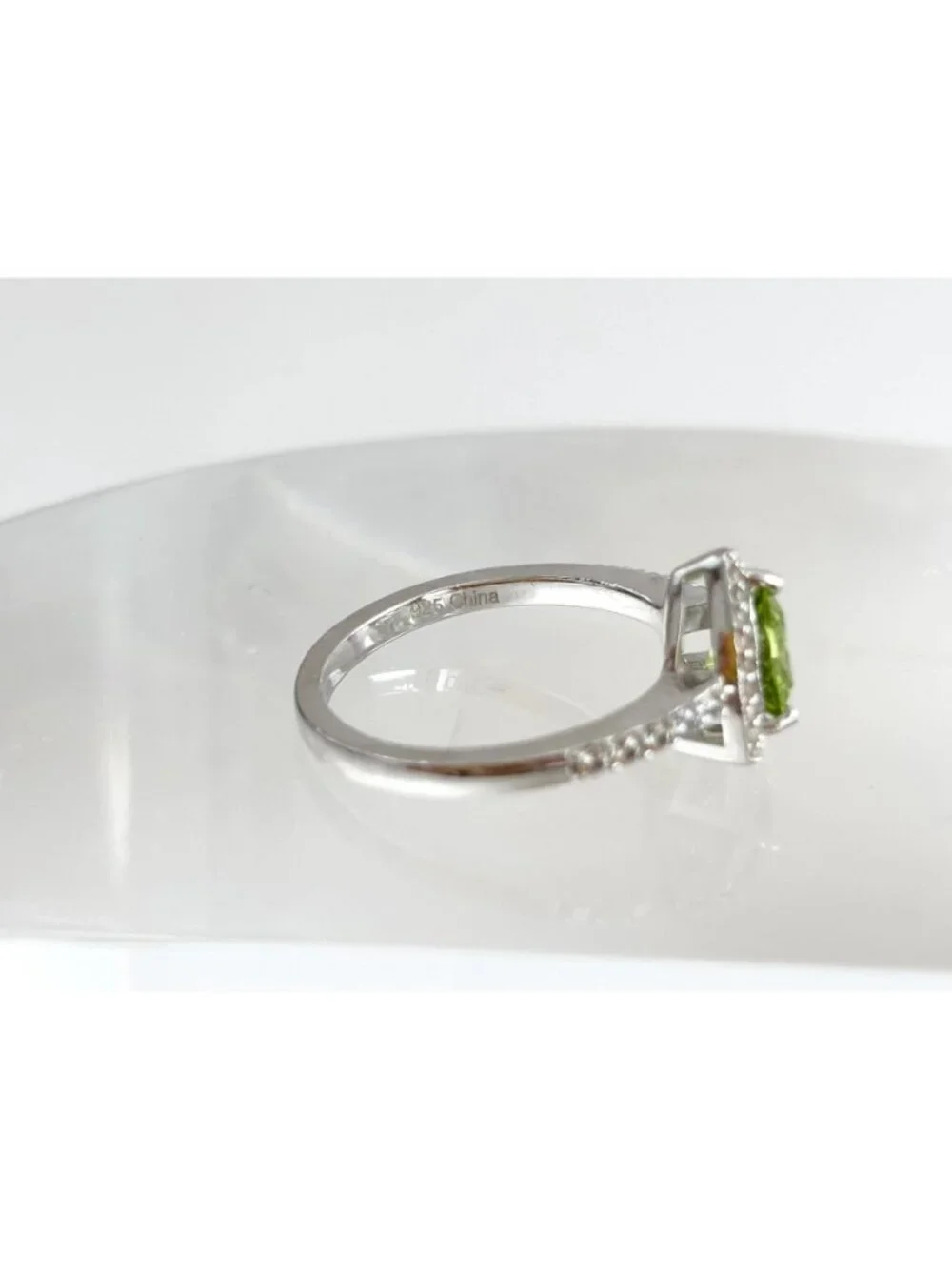 Trillion Cut Peridot Gemstone Halo CZ Sterling Silver 925 Vintage Ring - sz 8